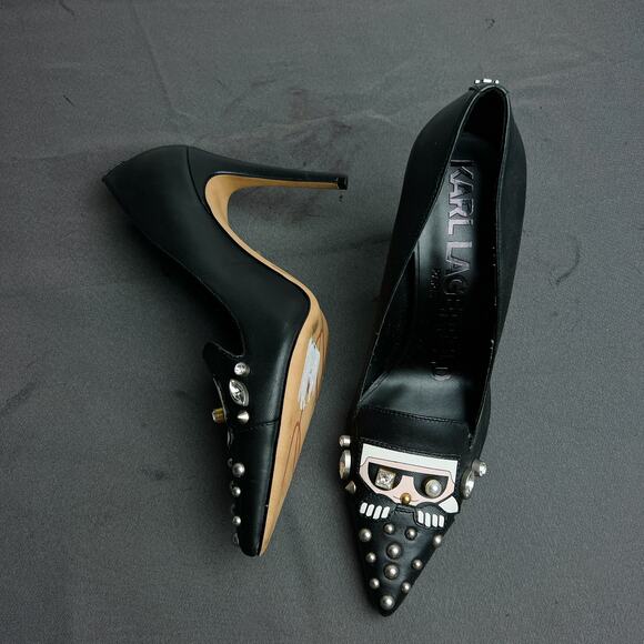 Karl Lagerfeld Black Studded Pointed Toe Stiletto Heels 8.5 - Picture 1 of 6